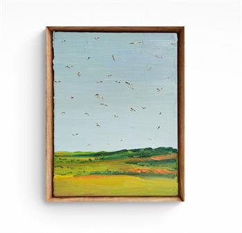 captivating whimsical painting of birds flying above rolling fields