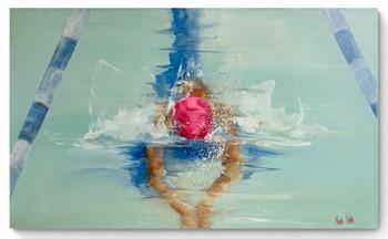 Striking large painting of a swimmer in a pool wearing a pink bathing cap