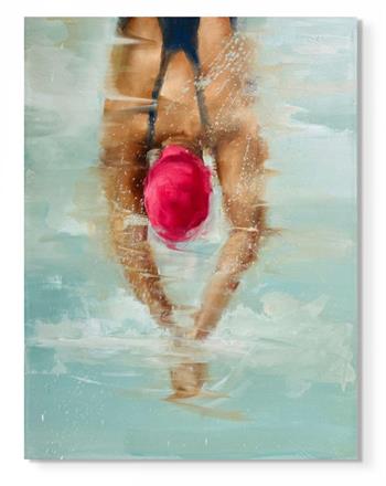 Painting of a swimmer underwater wearing a pink bathing cap