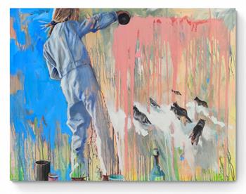 Painting on canvas of an artist in overalls throwing paint at a wall