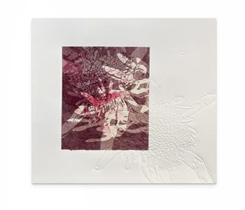Handmade linocut print on paper with blind embossing depicting plant detail 