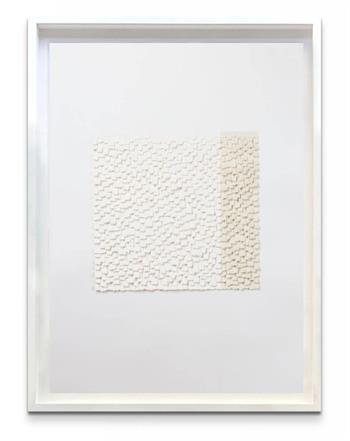 contemporary collage artwork in shades of cream framed in white