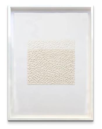 Framed contemporary collage artwork in shades of cream
