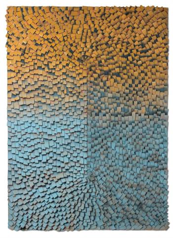 Large unframed paper collage in a blue and yellow contemporary design