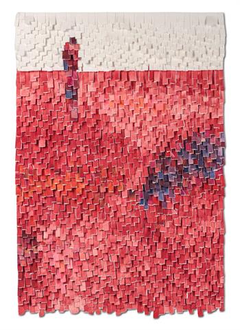 Hand torn paper collage artwork in shades of red with blue