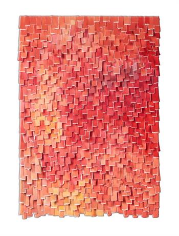 contemporary collage artwork in shades of orange and red