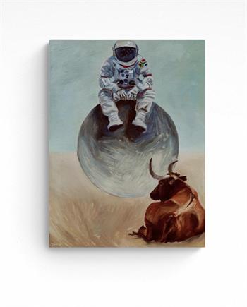 painting of a South African astronaut sitting on a moon and dreaming of home