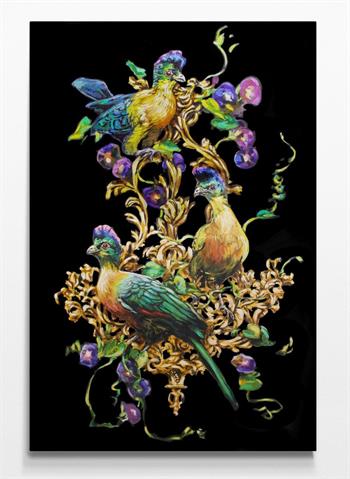 Glorious painting of the Knysna Loerie perched on a gilded chandelier