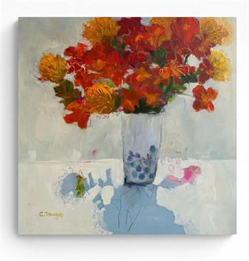 Bright coloured still life painting of a vase of flowers