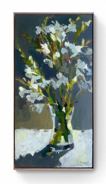 framed still life painting of a vase of Watsonia flowers
