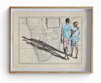 framed painting of two African boys walking created on historical map of Southern Africa