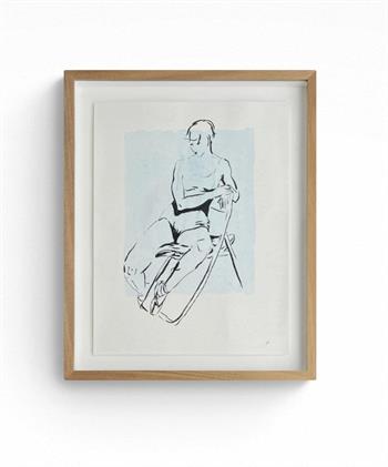 Ink on paper drawing of a seated female nude, framed in Kiaat