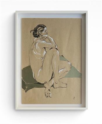 Picture of a seated female nude drawn on brown paper, and framed in white