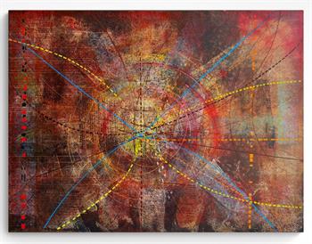 Detailed abstract painting inspired by Laniakea, decay, Zen stillness within chaos, and the transformation of organic forms.