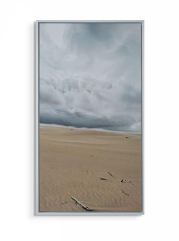 photorealistic oil painting of a beachscape and stormy grey sky