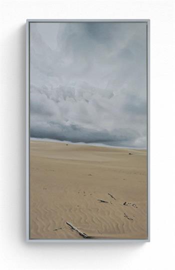 photorealistic oil painting of a beachscape and stormy grey sky