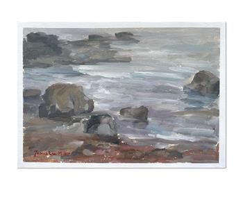 small oil painting created en-plein-air of the rocks on the beach at Kommetjie.