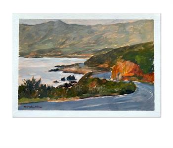 Delightful oil on paper painting depicting Clarence Drive in the Western Cape