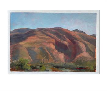 En plein air painting of the mountains with a red hue from the setting sun