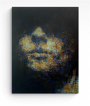 Pop art style portrait painting created with a foam letter stamp technique