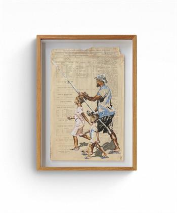 painting on historical Gazette of a father and his daughter going fishing