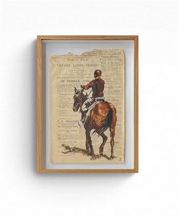 Painting of a young man riding a horse, created by Lisette Forsyth on a vintage Gazette page, framed and displayed against a neutral background.