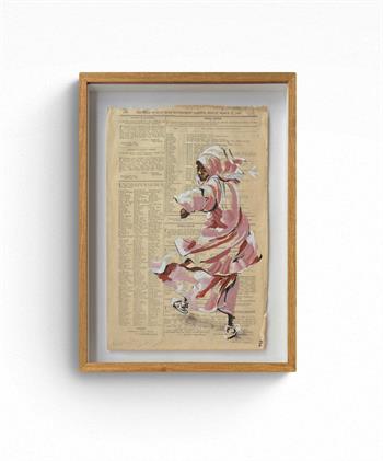 Artwork by Lisette Forsyth showing a young woman in a pink dress and headscarf, painted on a vintage Gazette page.