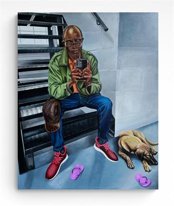 A self portrait painting by Cosmas Dandajenah of the artist seated on the stairs using his mobile phone