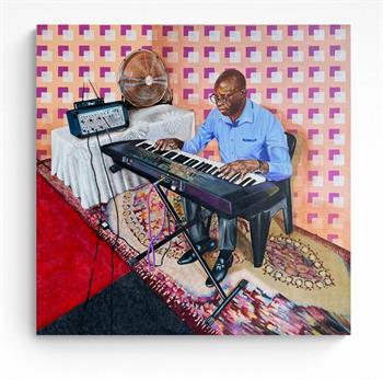 Detailed painting of a man absorbed in playing the piano in his home