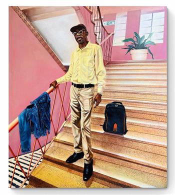 Large detailed self-portrait painting of the artist descending a staircase