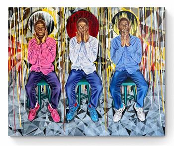 Striking painting of 3 seated men symbolically referencing moral themes
