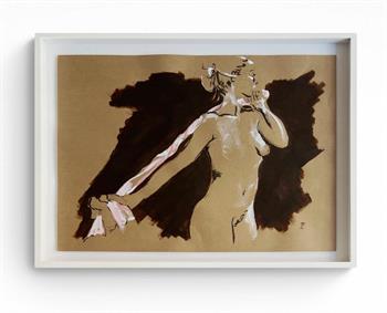 framed life drawing on brown paper of a female nude with scarf