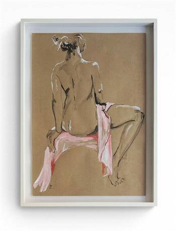framed life drawing of a seated female nude with peach scarf
