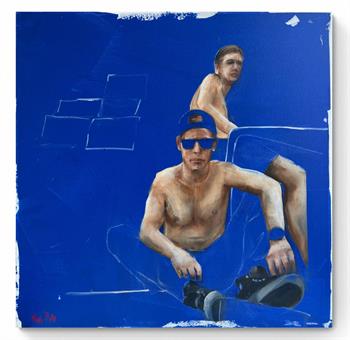 large oil painting depicting fragments of two young men against royal blue background