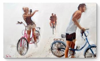 large painting of people riding bicyles on holiday