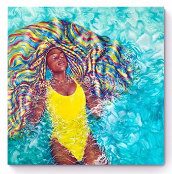 large painting depicting a woman wearing yellow bathingsuit swimming in a turquoise sea