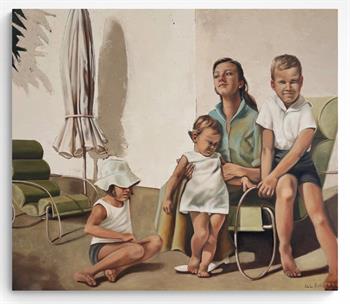 large painting depicting a pensive young woman with her 3 children