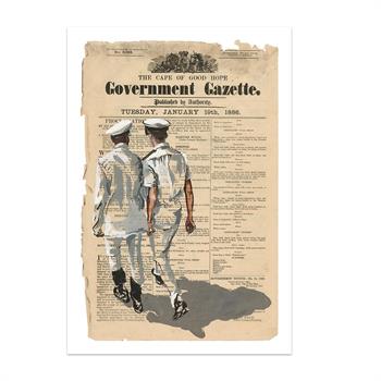 art print of a painting on newspaper of two naval officers