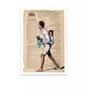 Print of a painting on newspaper of a mother carrying her child on her back