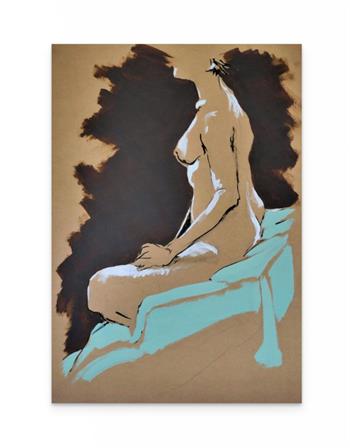 painting on brown paper of a seated female nude figure