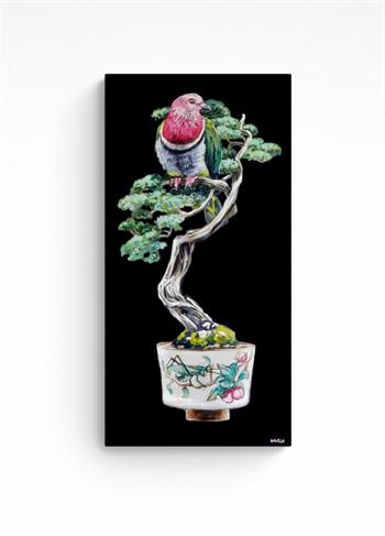 detailed painting of a pink headed fruit dove perched in a bonsai tree