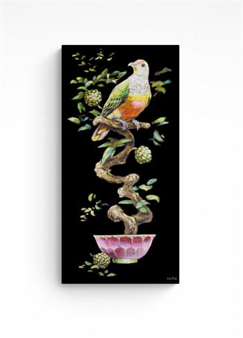 detailed painting of a pink-crowned fruit dove perched on a bonsai