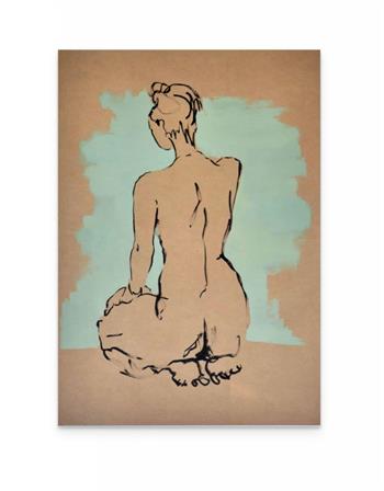 ink and acrylic study on brown paper of a female nude kneeling on the floor