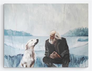 large oil painting depicting an old man and his loving dog