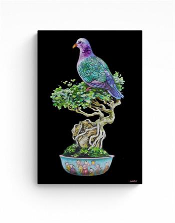 Detailed painting of an Asian emerald dove perched on a bonsai