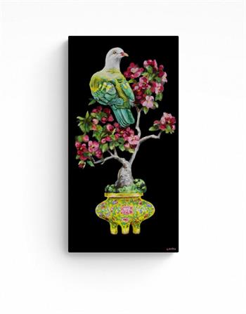 detailed painting of a Wompoo fruit dove perched on a bonsai