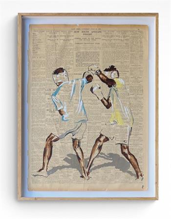 A painting on historical sheet of newspaper of two boxers sparring