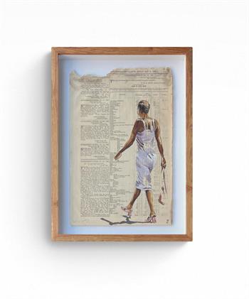 framed painting on newspaper of a young woman wearing a lilac dress by Lisette Forsyth