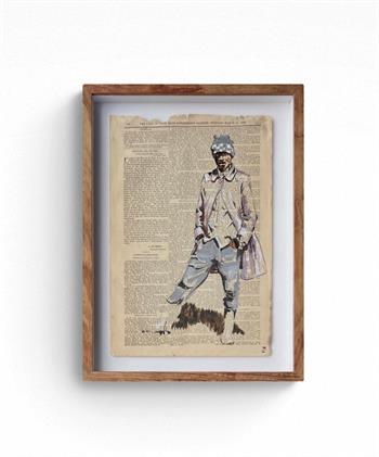 Framed painting on vintage newspaper of a man from Tembuland