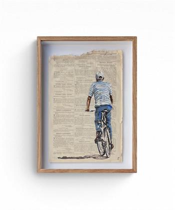 framed painting on historical newsprint of a man riding a bicycle